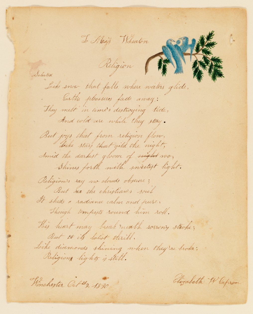 Neiti Wheatonille, Uskonto, 1830. tekijältä Elizabeth W. Capron