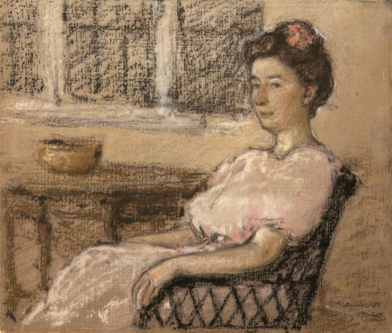 Istuva nainen vaaleanpunaisessa, 1902. tekijältä Elmer Livingston MacRae