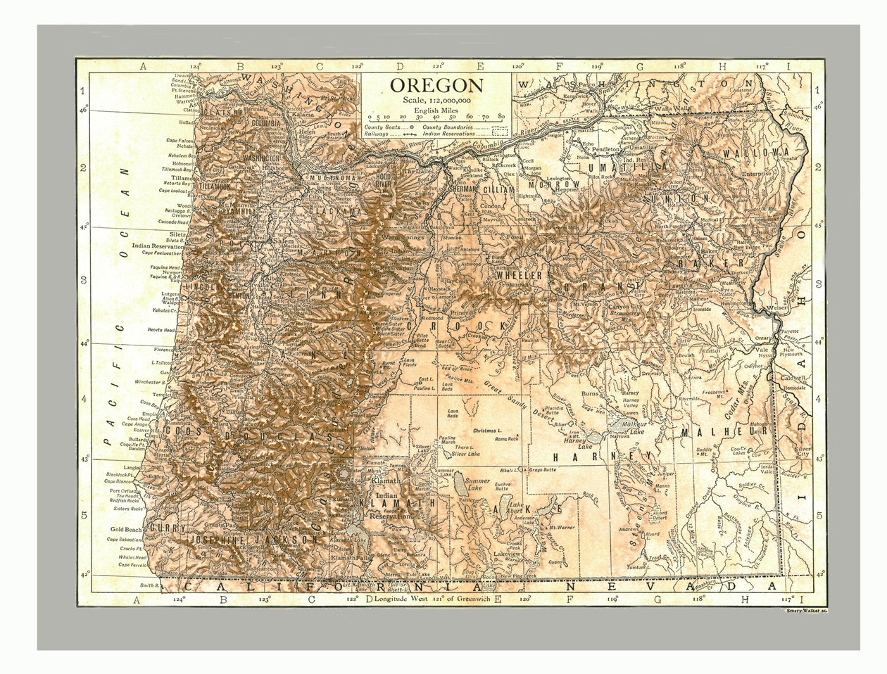 Oregonin kartta, vuonna 1910. tekijältä Emery Walker