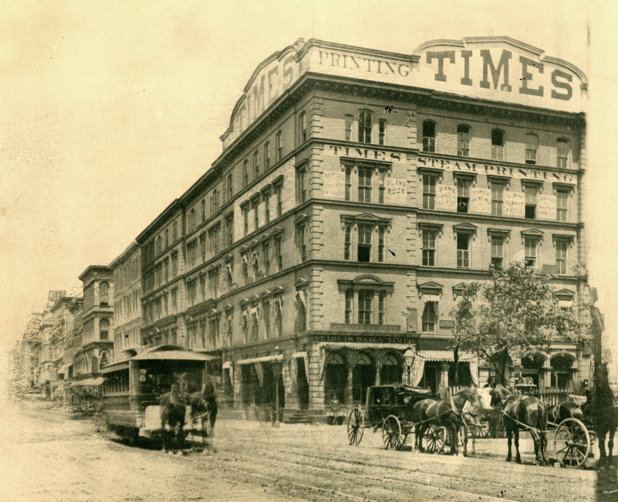 Louis Daily Times -rakennus Broadwayn ja Chestnut Streetin koilliskulmassa tekijältä Emil Boehl