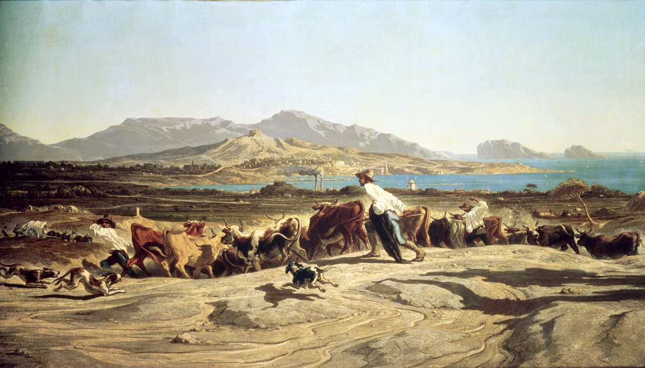 Nautakarjanhoito Marseillen lähellä, 1853 tekijältä Emile Loubon
