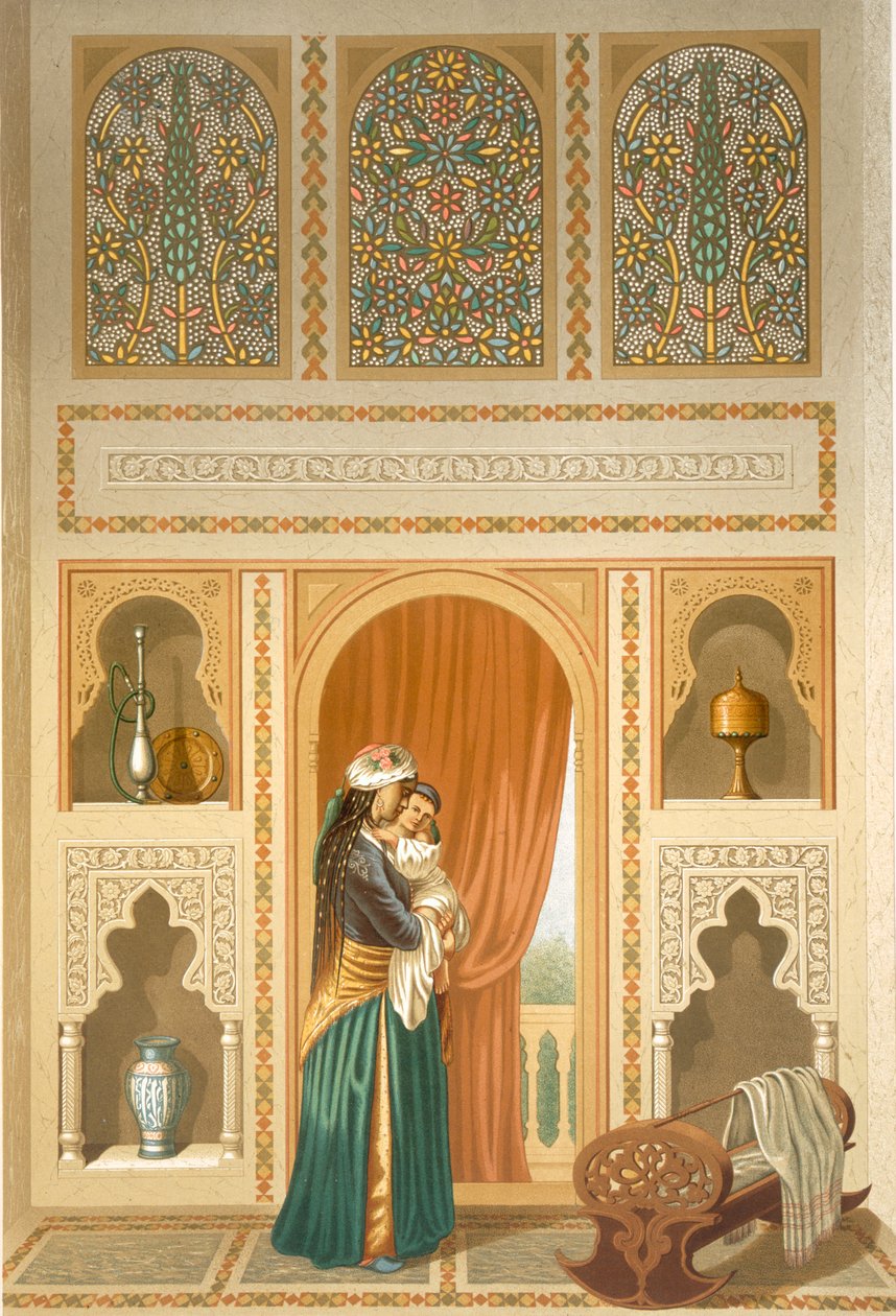 Kairo: Sidi Youssef Adamin kotitalo: nainen seisoo huoneessa, jossa on runsaasti mosaiikki- ja marmorikoristeita, 1800-luku tekijältä Emile Prisse d