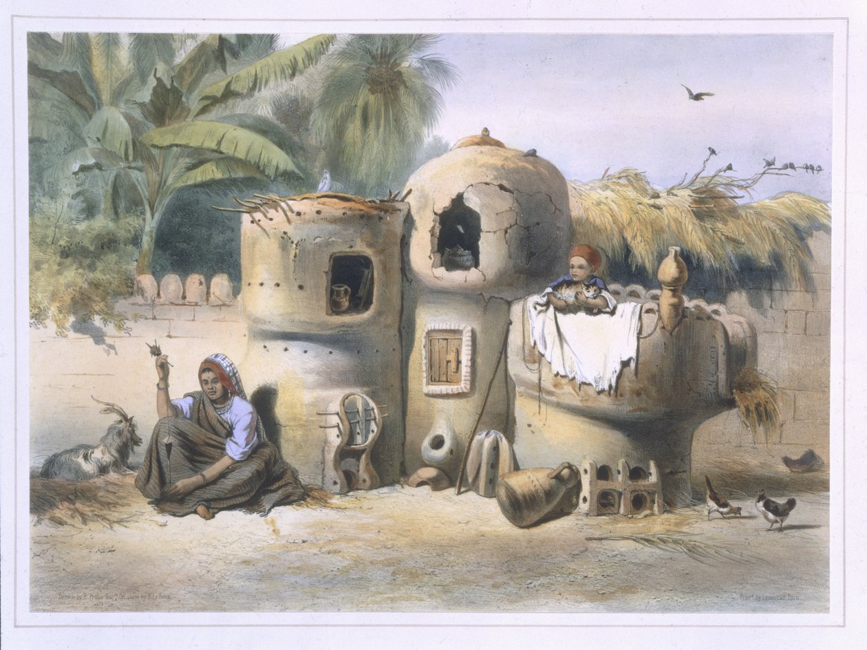 Talonpoikien asunnot Ylä-Egyptissä, kuva "Niilin laaksosta", kaivertanut Eugene Le Roux (1807-63) pub. Lemercier, 1848 tekijältä Emile Prisse d