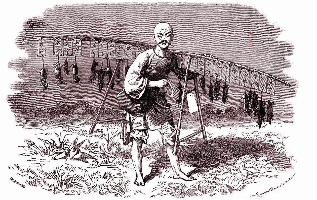 Rotan tappaja Kiinassa. 1874 (kaiverrus) tekijältä Emile Antoine Bayard