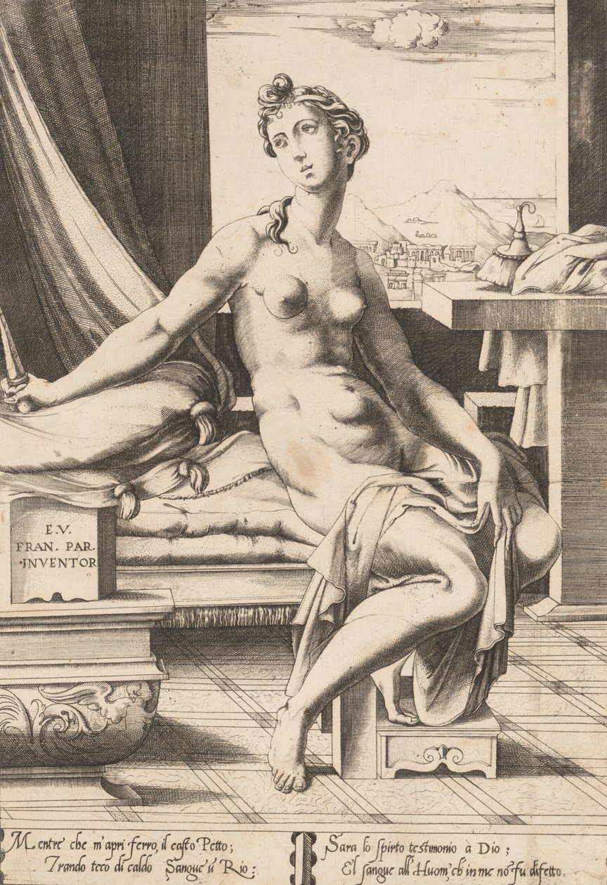 Lucretia valmistautuu tappamaan itsensä, n. 1542. tekijältä Enea Vico