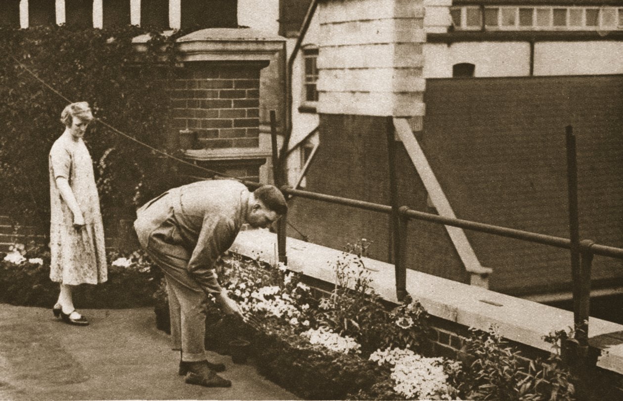 Pariskunta hoitamassa yksityistä kattopuutarhaansa Tudor Streetin korttelissa, kuvasta Wonderful London, julkaistu 1926-27 (syväpaino). tekijältä English Photographer