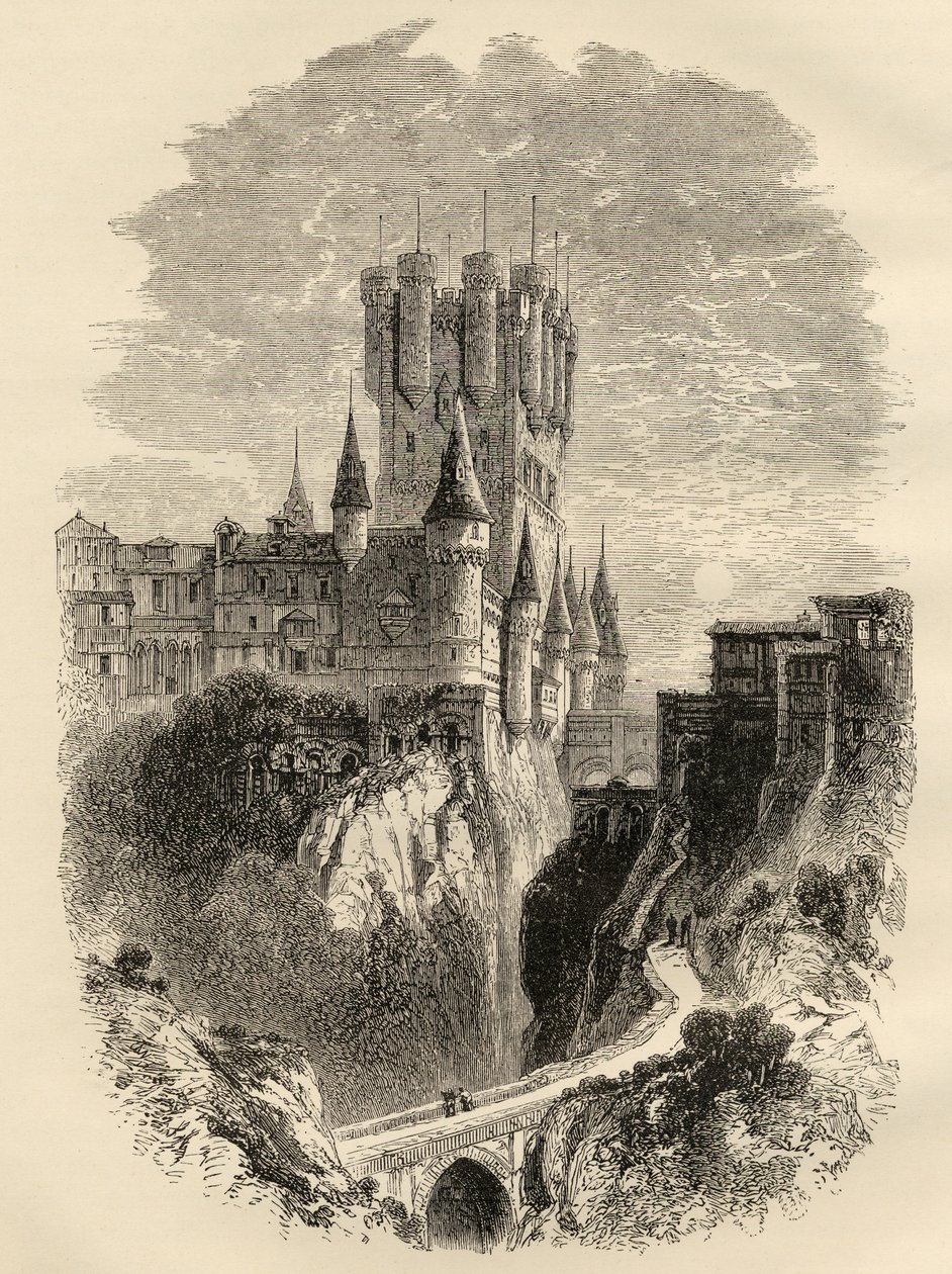 Alcazar Segoviassa, Espanjassa ennen vuoden 1862 tulipaloa, kuvitus "Spanish Pictures" -kuvasta pastori Samuel Manning tekijältä English School