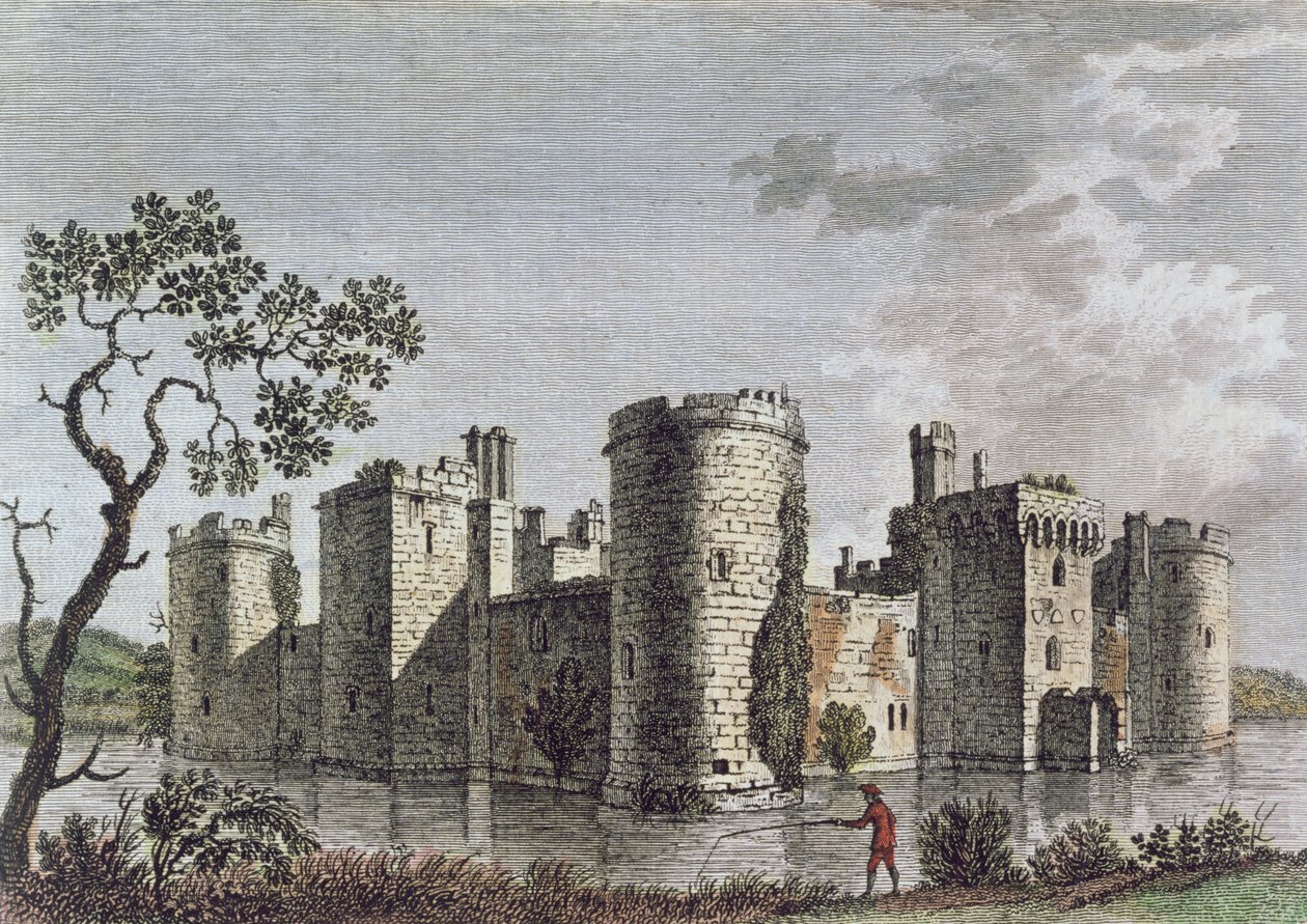 Bodiamin linna, Sussex, 6. heinäkuuta 1777 (värikaiverrus) tekijältä English School