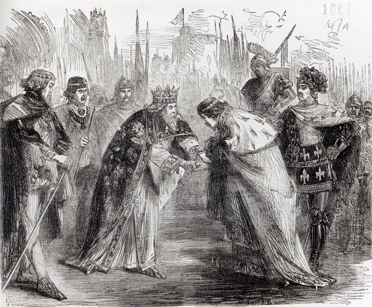 Edward Musta Prinssi (1330-76) esittelee Ranskan kuningas Johannes II:n (1319-64) isälleen Edward III:lle (1312-77) tekijältä English School