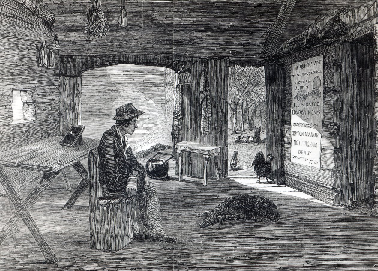 Australian uudisasukkaiden mökin sisustus, The Illustrated London News, 1849 tekijältä English School