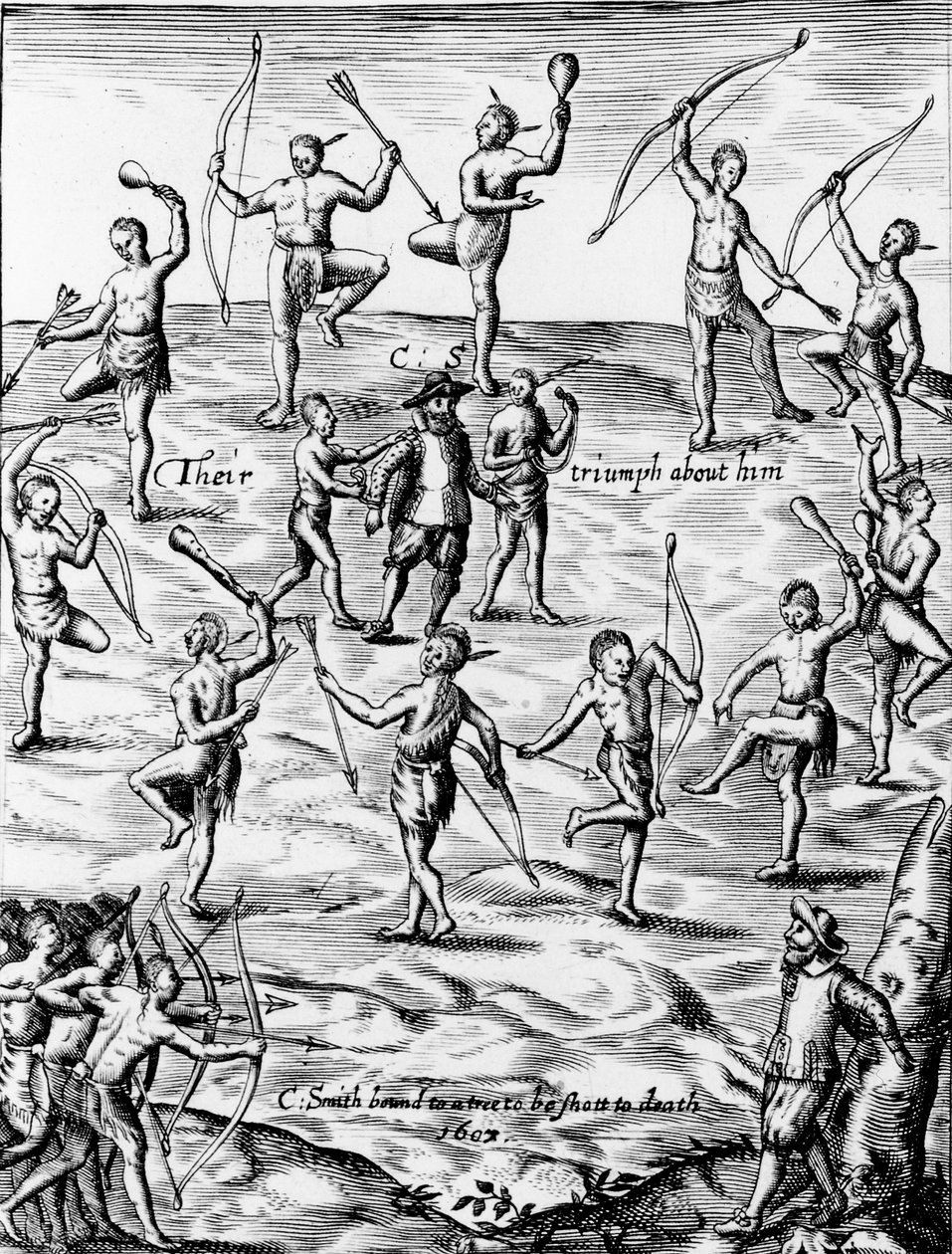 Virginian alkuperäisasukkaat vangitsivat John Smithin ja uhkasivat kuolemalla vuosina 1607, 1624 (yksityiskohta 105033) tekijältä English School