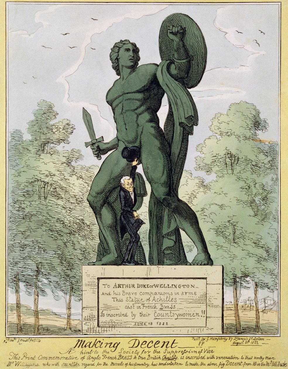 Making Decent, sarjakuva, jossa William Wilberforce (1759-1833) peittää Akhilleuksen patsaan Hyde Park Cornerissa, kirjoittanut Richard Westmacott (1775-1856), pub. 1822 tekijältä English School
