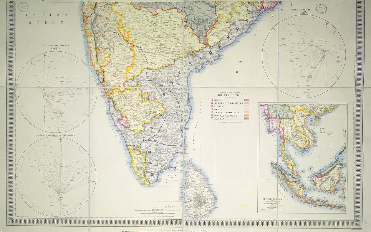 Brittiläisen Etelä-Intian kartta, 1872 (värilitografia) tekijältä English School