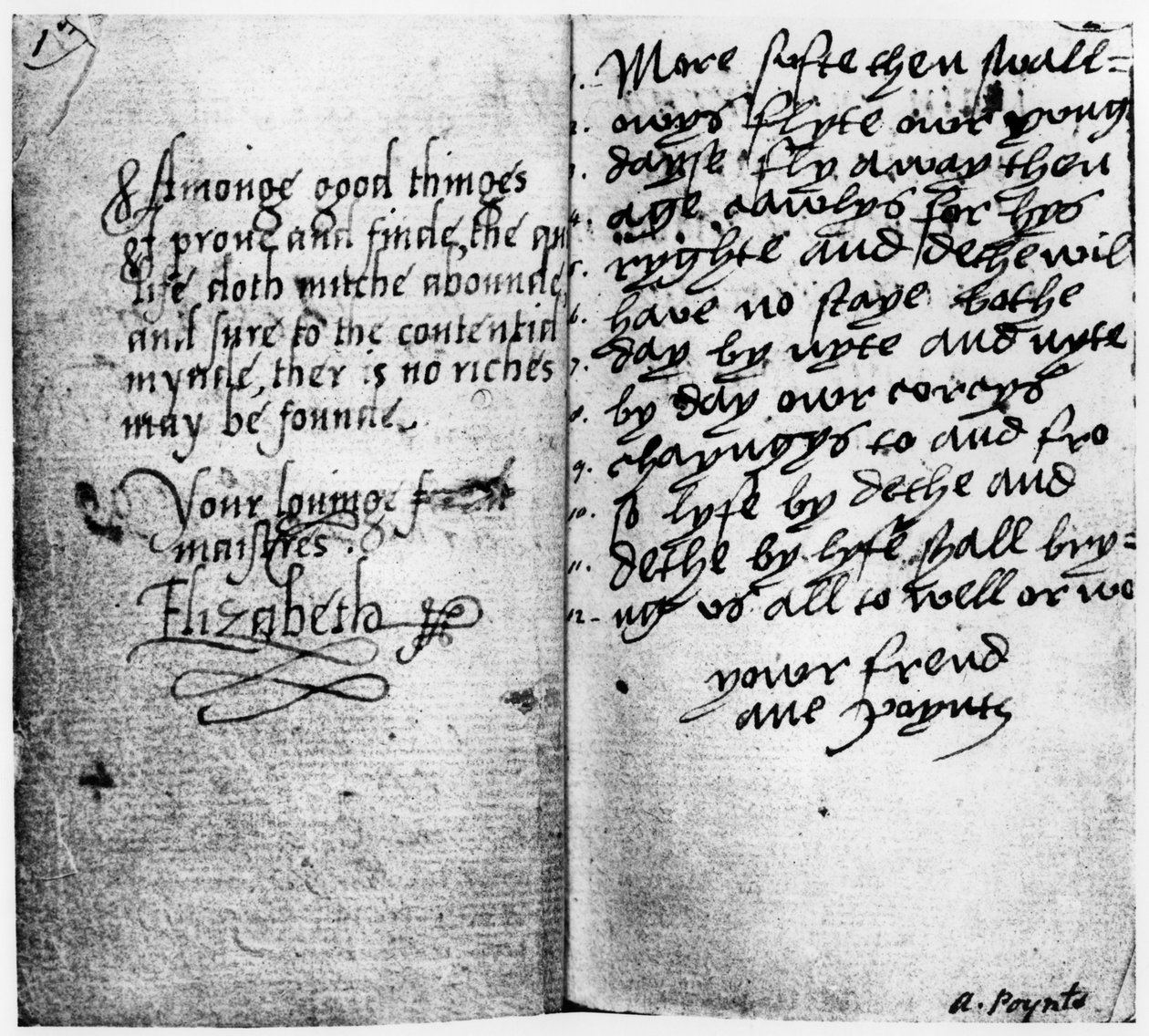 Käsikirjoituksen sivu, jossa on kuningatar Elisabet I:n (1533-1603) allekirjoitus (muste paperilla) tekijältä English School