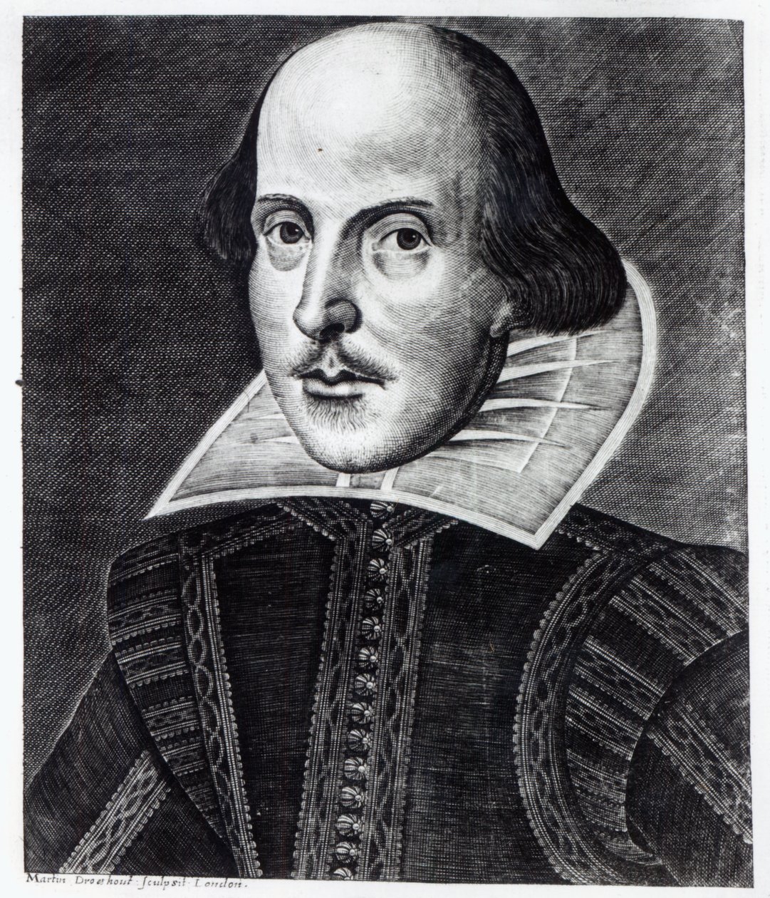 William Shakespearen muotokuva, kaivertanut Martin Droeshout, 1623 tekijältä English School