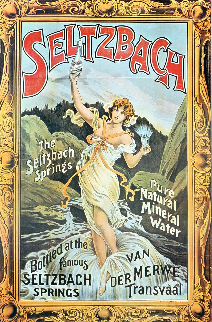 Julistemainos "Seltzbach" puhdasta luonnollista kivennäisvettä Seltzbach Springs, Van der Merwe, Transvaal, 1890 tekijältä English School