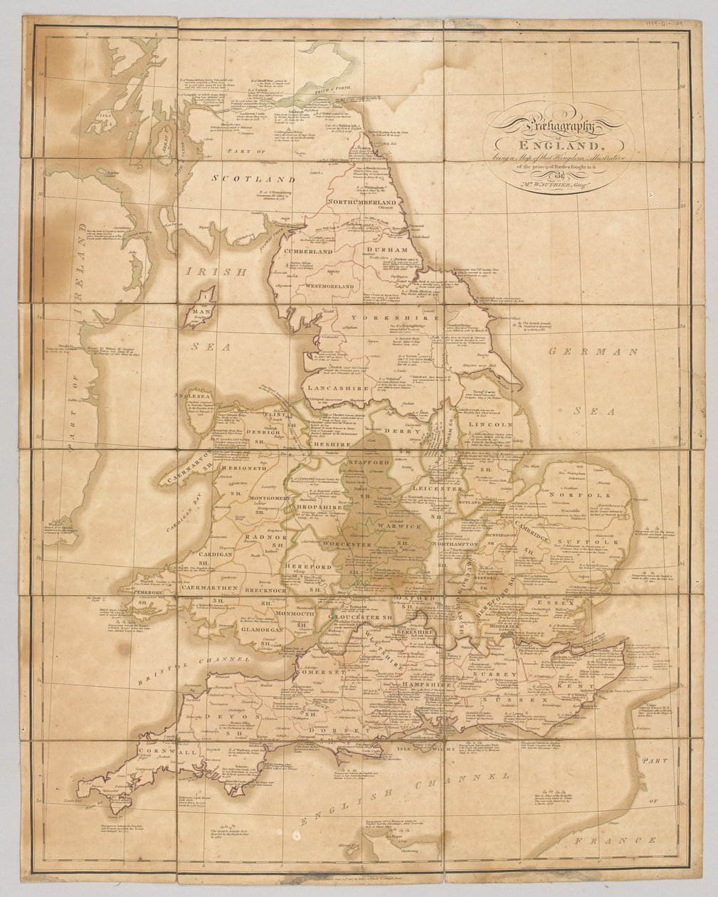 Englannin Praehagraphy, joka on tuon kuningaskunnan kartta, joka havainnollistaa siinä käydyt periaatteelliset taistelut, pub. 1807 tekijältä English School