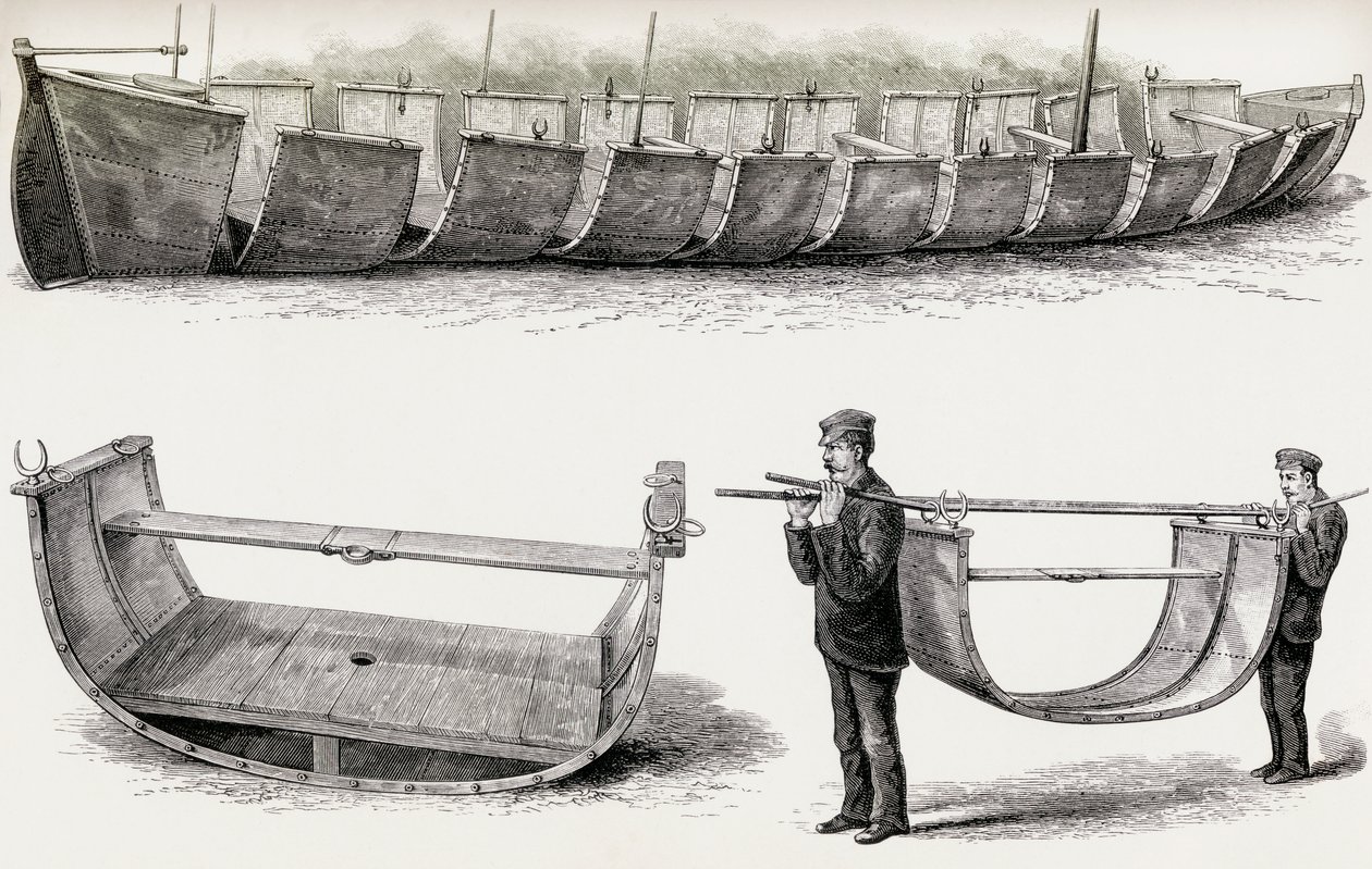 28-jalkainen teräsvene Advance, suunniteltu kuljetettavaksi maalla, 1890 (puukaiverrus) tekijältä English School
