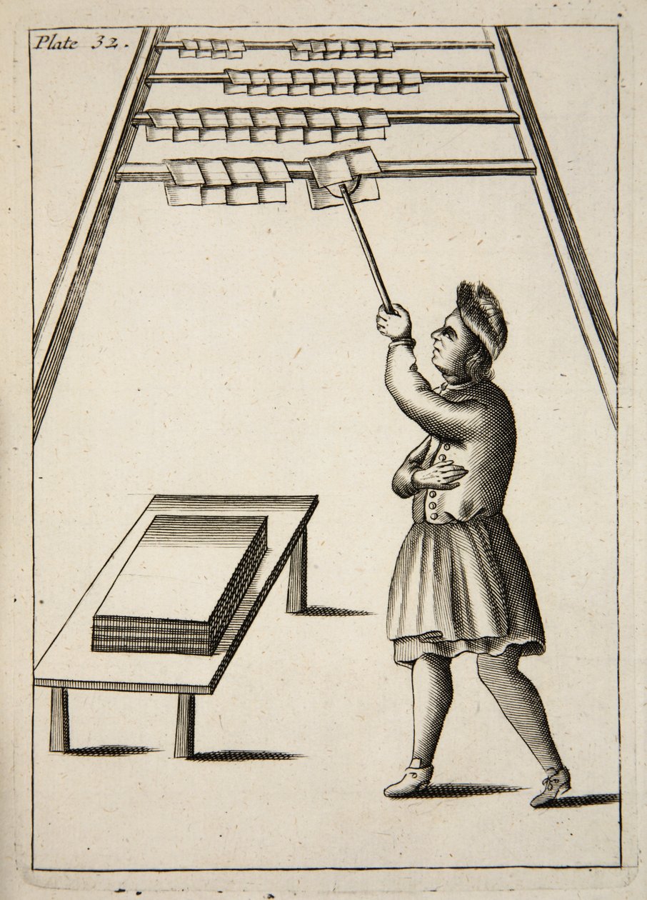 Pressman Hanging Paper, Mechanick Exercises: tai The Doctrine of Handy-Works sovellettu Art of Printing, pub. 1683 tekijältä English School