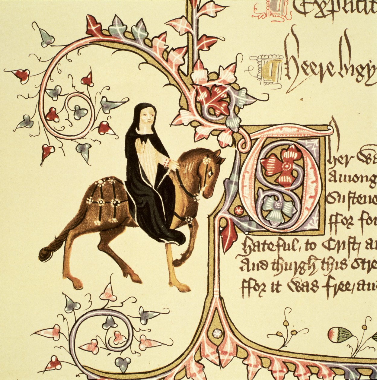 Prioressa, yksityiskohta The Canterbury Talesista, kirjoittanut Geoffrey Chaucer (n. 1342-1400) Ellesmeren käsikirjoitus, faksipainos, 1911 (alkuperäiset tiedot, katso 128945) tekijältä English School