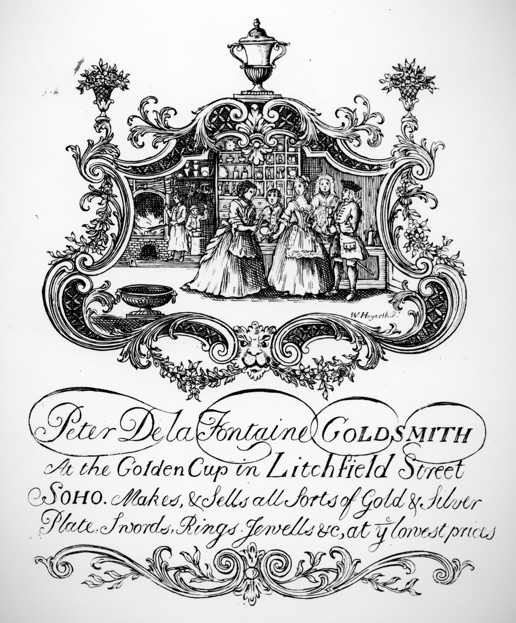 Kultasepän Peter De la Fontainen kauppakortti, n. 1790-luku tekijältä English School