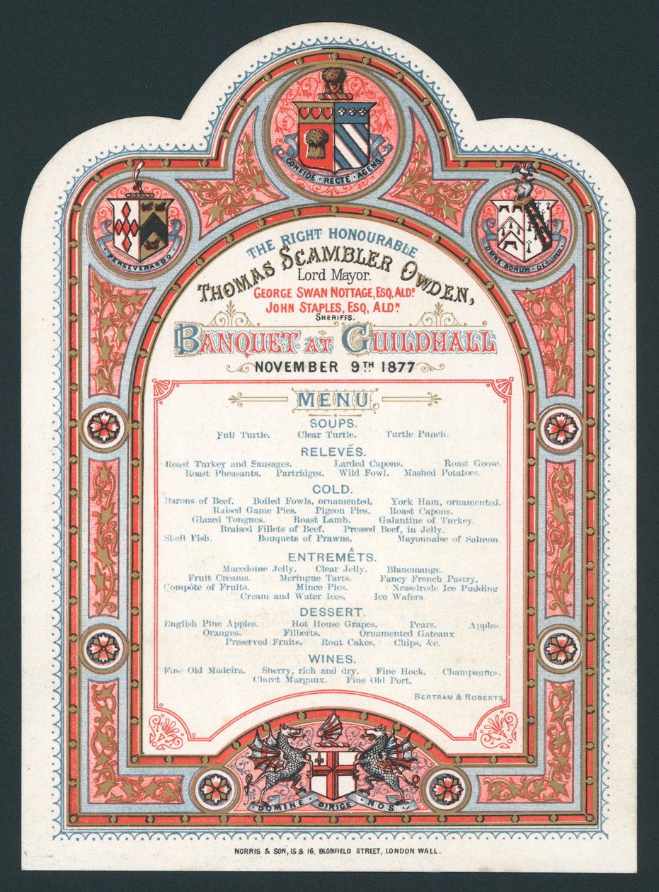 Juhla Guildhallissa, 9. marraskuuta 1877, menu tekijältä English School