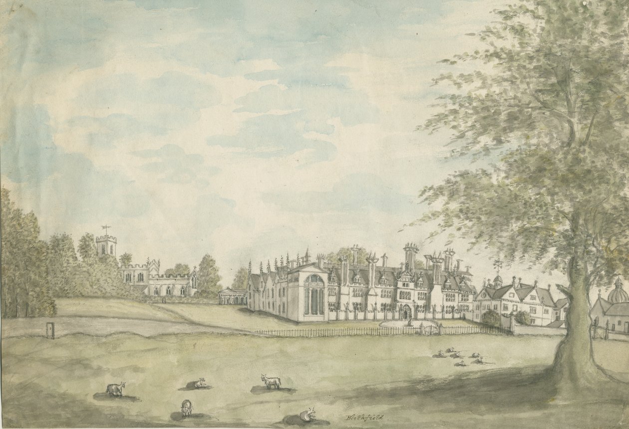 Blithfield Hall: akvarellimaalaus, nd [1700-luku] tekijältä English School