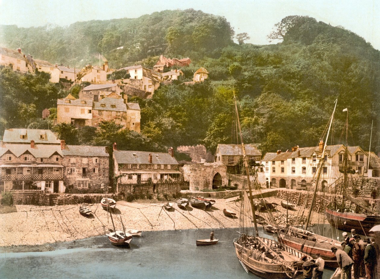 Clovelly Harbour (käsin värjätty kuva) tekijältä English School