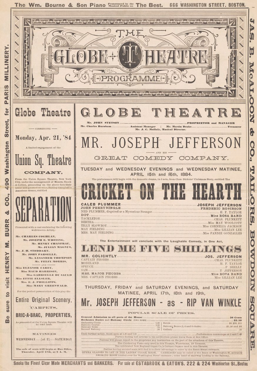 The Globe Theatre Programme, 21. huhtikuuta 1884 tekijältä English School