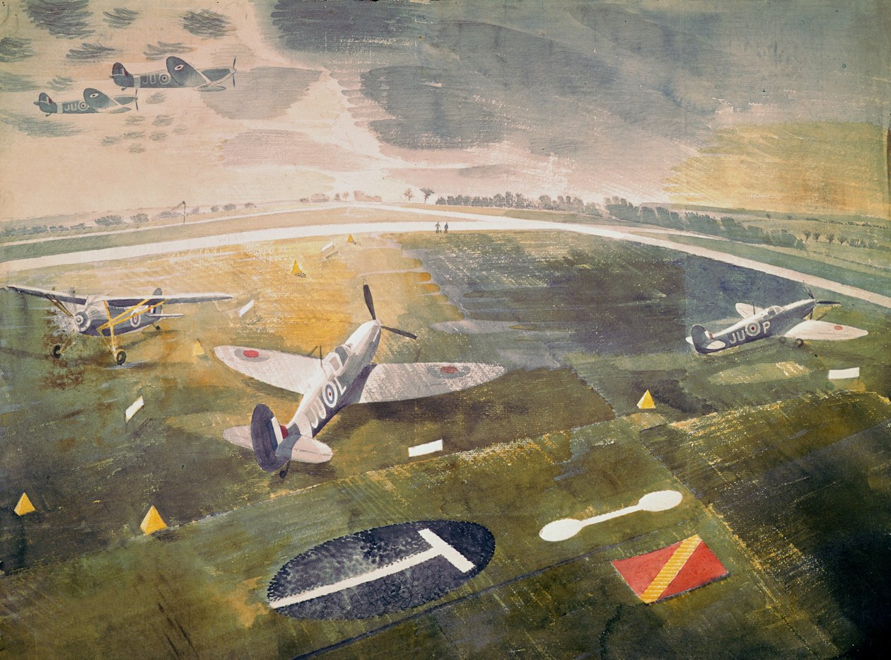 R.A.F. lentokoneet lentokentällä, 1942 tekijältä Eric Ravilious