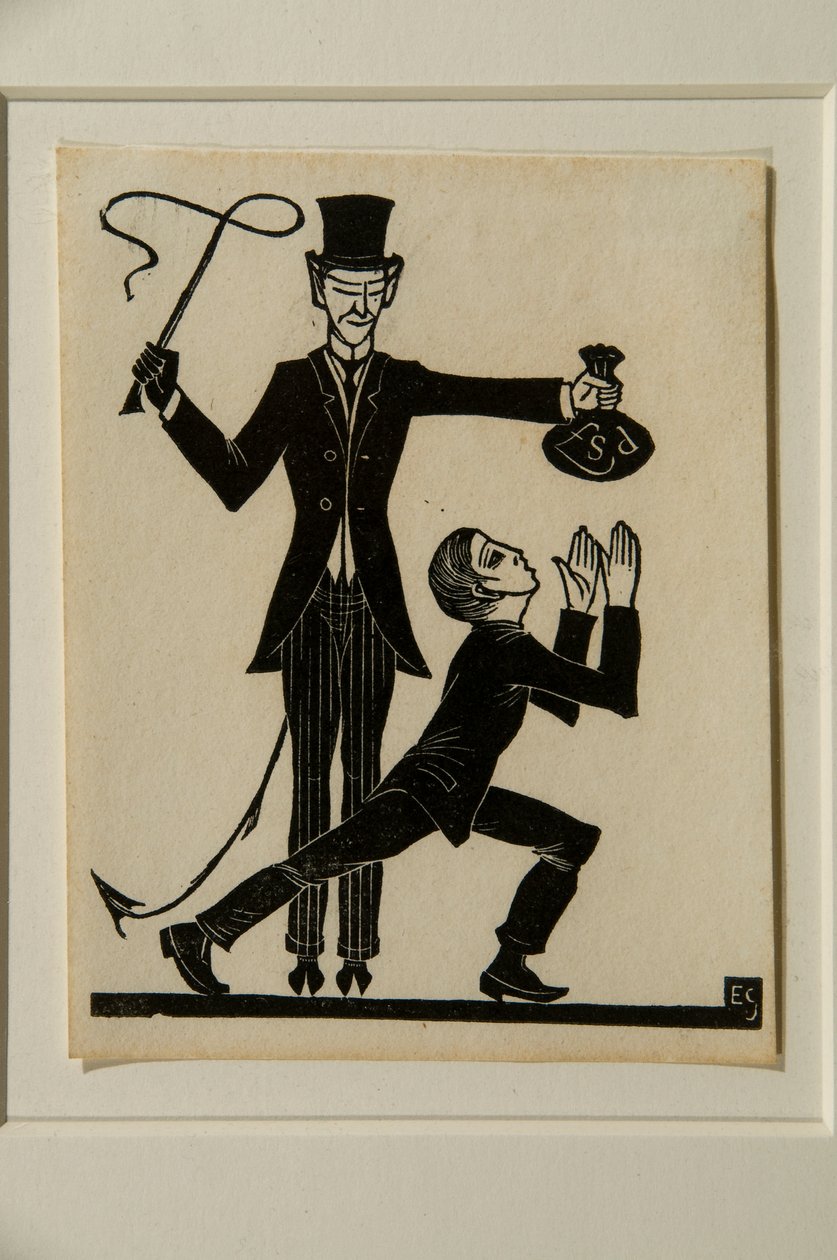 Apina ja piiska (puupiirros) tekijältä Eric Gill