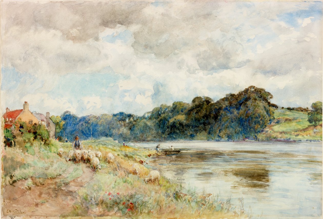 On the Coquet (kynä ja akvarelli laivalla) tekijältä Ernest Albert Waterlow