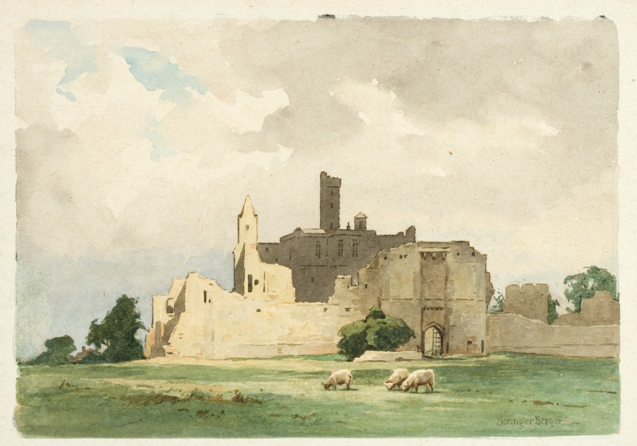 Warkworth Castle (kynä ja akvarelli paperilla) tekijältä Ernest Benger or Berenger