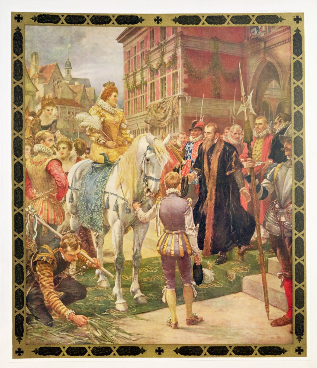 Kuningatar Elisabet I (1530-1603) avasi kuninkaallisen pörssin vuonna 1570, kuvitus Hutchinsoneista "Story of the British Nation" tekijältä Ernest Crofts
