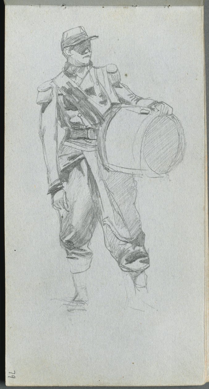 Luonnoskirja, sivu 79: Sotilas rummun kanssa. tekijältä Jean Louis Ernest Meissonier