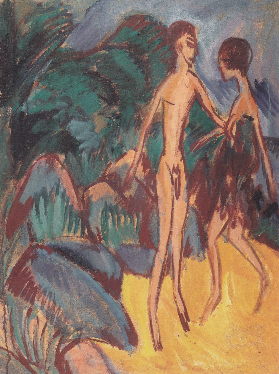 Alaston nuoriso ja tyttö rannalla tekijältä Ernst Ludwig Kirchner