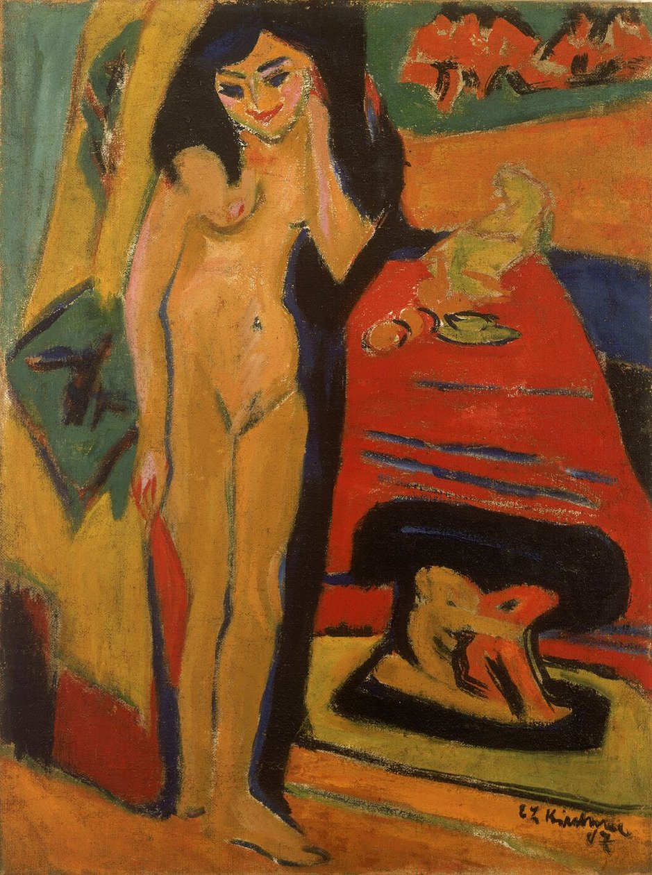 Nacktes Mädchen hinter Vorhang tekijältä Ernst Ludwig Kirchner