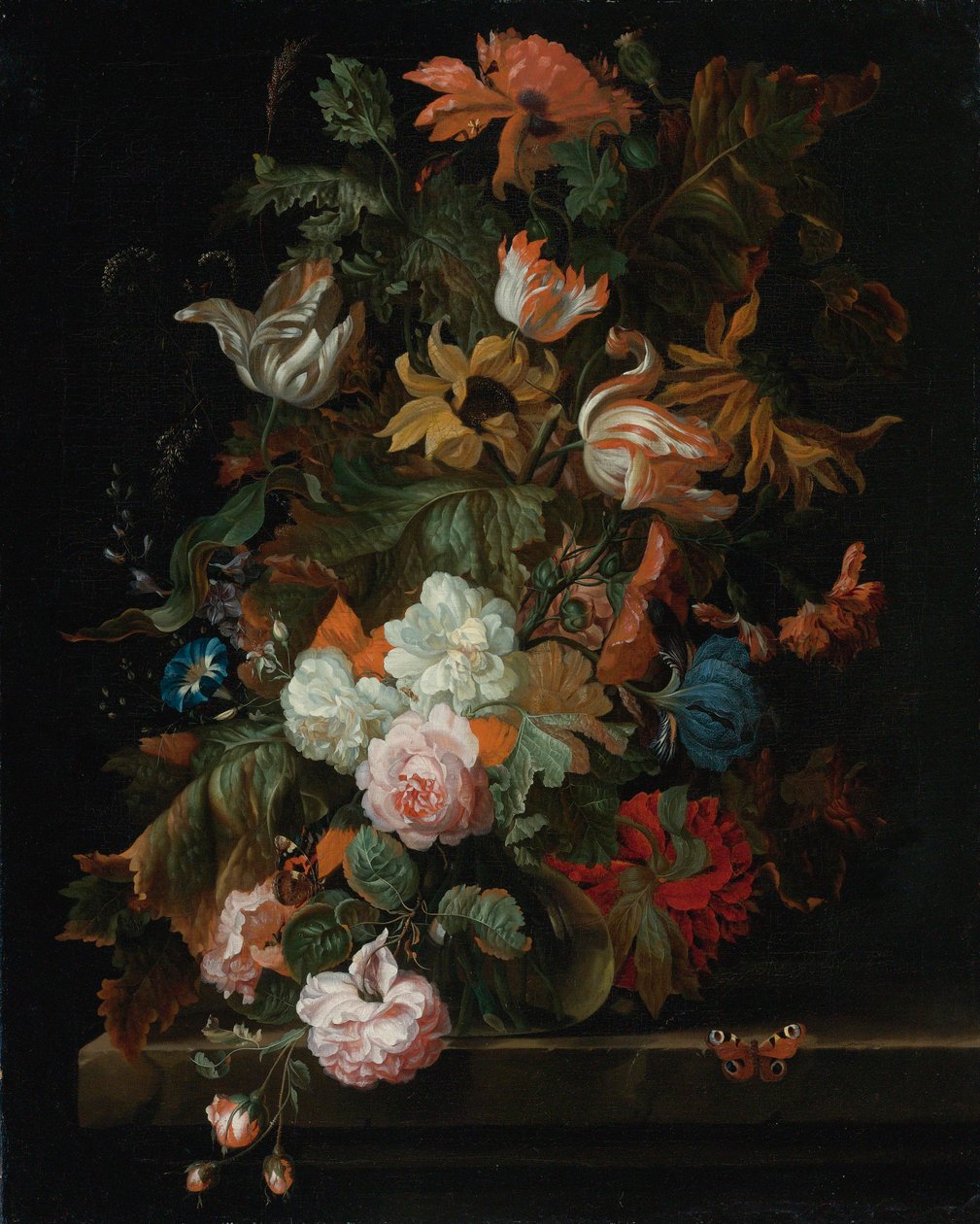 Stillleben mit Blumen in einer Glasvase mit Schmetterling tekijältä Ernst Stuven