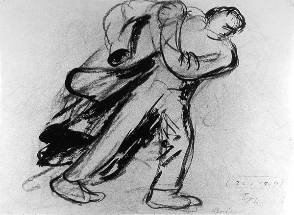 Mies pukee takkiaan tekijältä Ernst Barlach