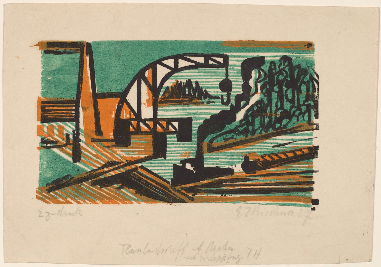 Jokimaisema nosturilla ja proomuilla, 1927. tekijältä Ernst Ludwig Kirchner