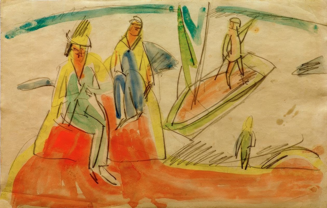 Ihmiset ja vene rannalla tekijältä Ernst Ludwig Kirchner