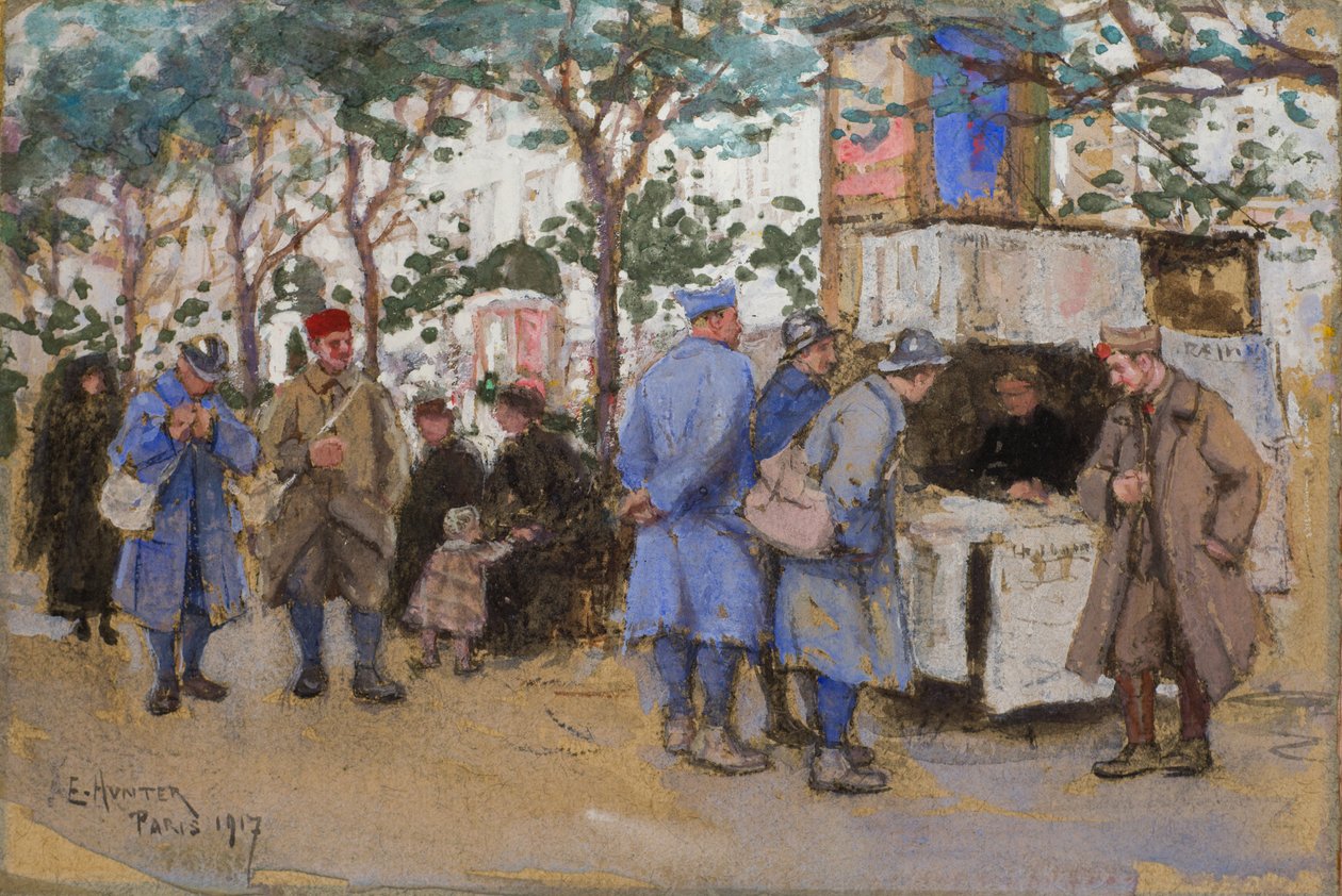 Sotilaita lehtikioskilla, Pariisi, 1917 tekijältä Ethel Hunter