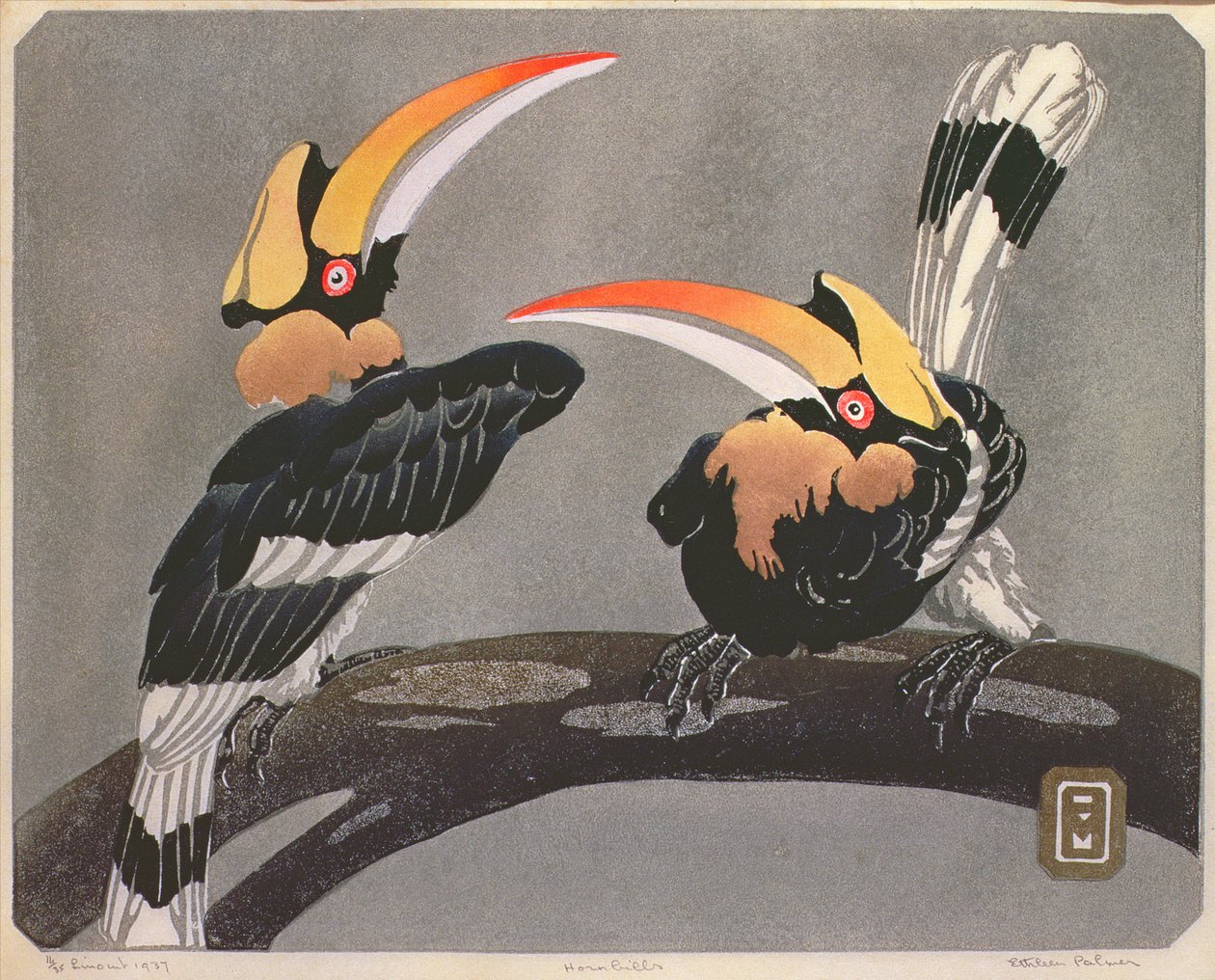 Hornbills, 1937 (linoleikkaus) tekijältä Ethleen Palmer