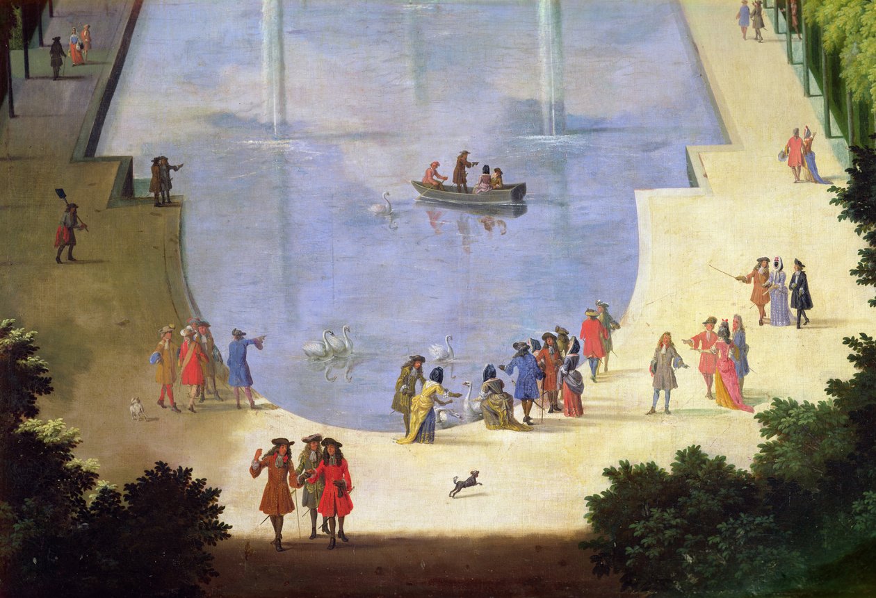 Le Bassin du Miroir deau ja Île Royale yksityiskohdat hahmoista lammen lähellä, n. 1688 öljy kankaalle tekijältä Etienne Allegrain