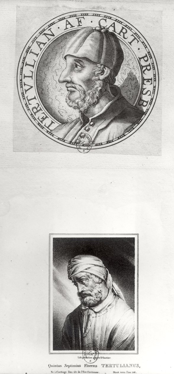 Kaksi muotokuvaa Quintus Septimus Florens Tertullianuksesta (n. 160-c.220), joka tunnetaan nimellä Tertullianus. tekijältä Etienne Gautier