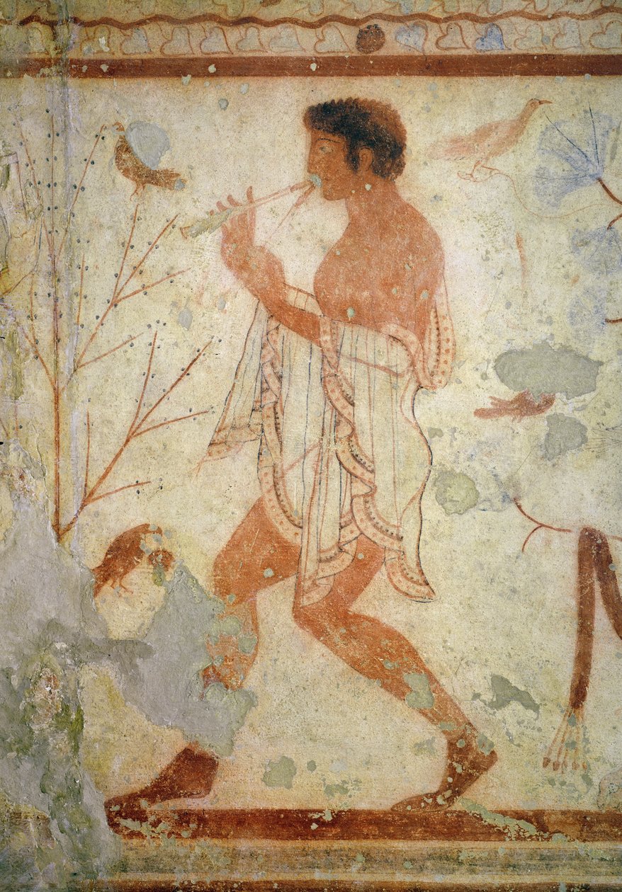 Muusikko, joka soittaa kaksoishuilua, Trikliniumin haudasta, n. 470 eKr. (seinämaalaus) tekijältä Etruscan