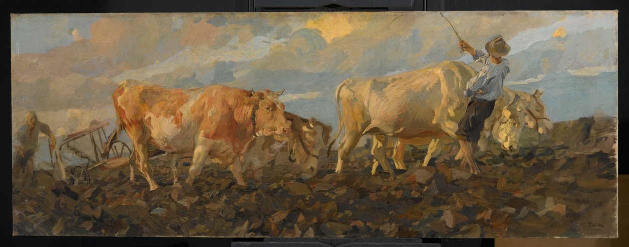 Härän kyntö, 1911 (öljy pellavalle) tekijältä Ettore Tito