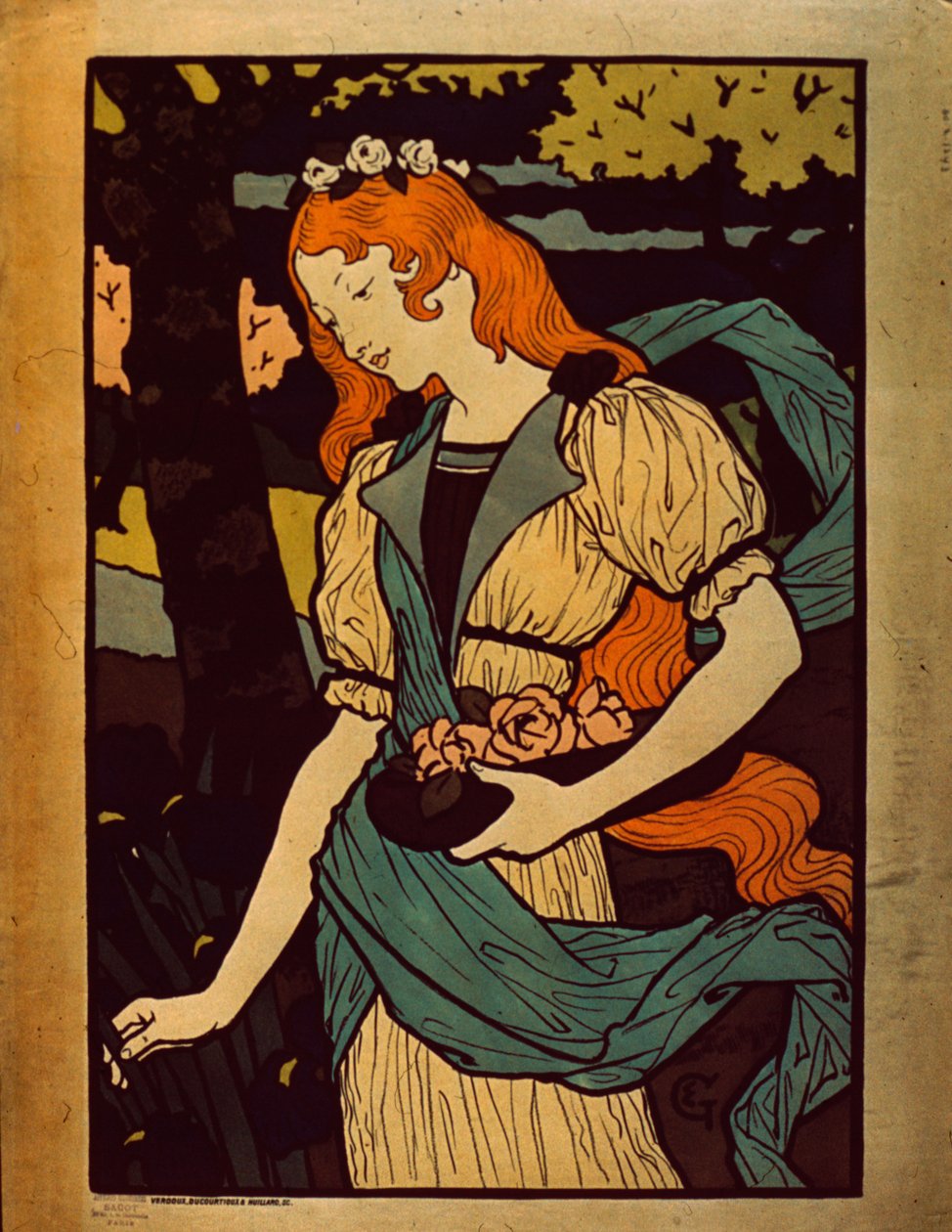 Nainen poimii kukkia, 1917 tekijältä Eugene Grasset