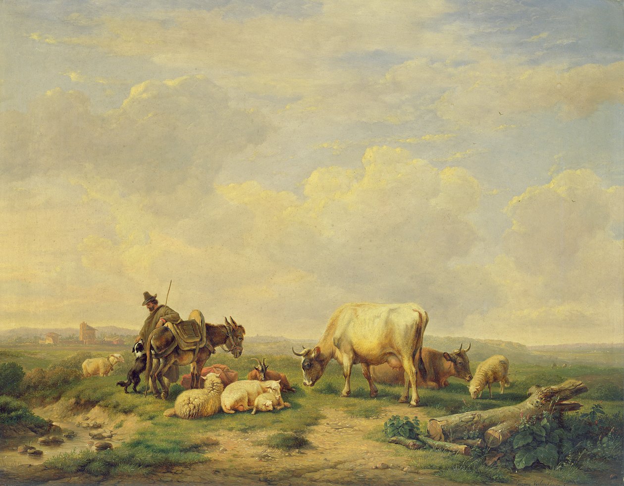 Paimen ja lauma, n. 1880 tekijältä Eugene Joseph Verboeckhoven