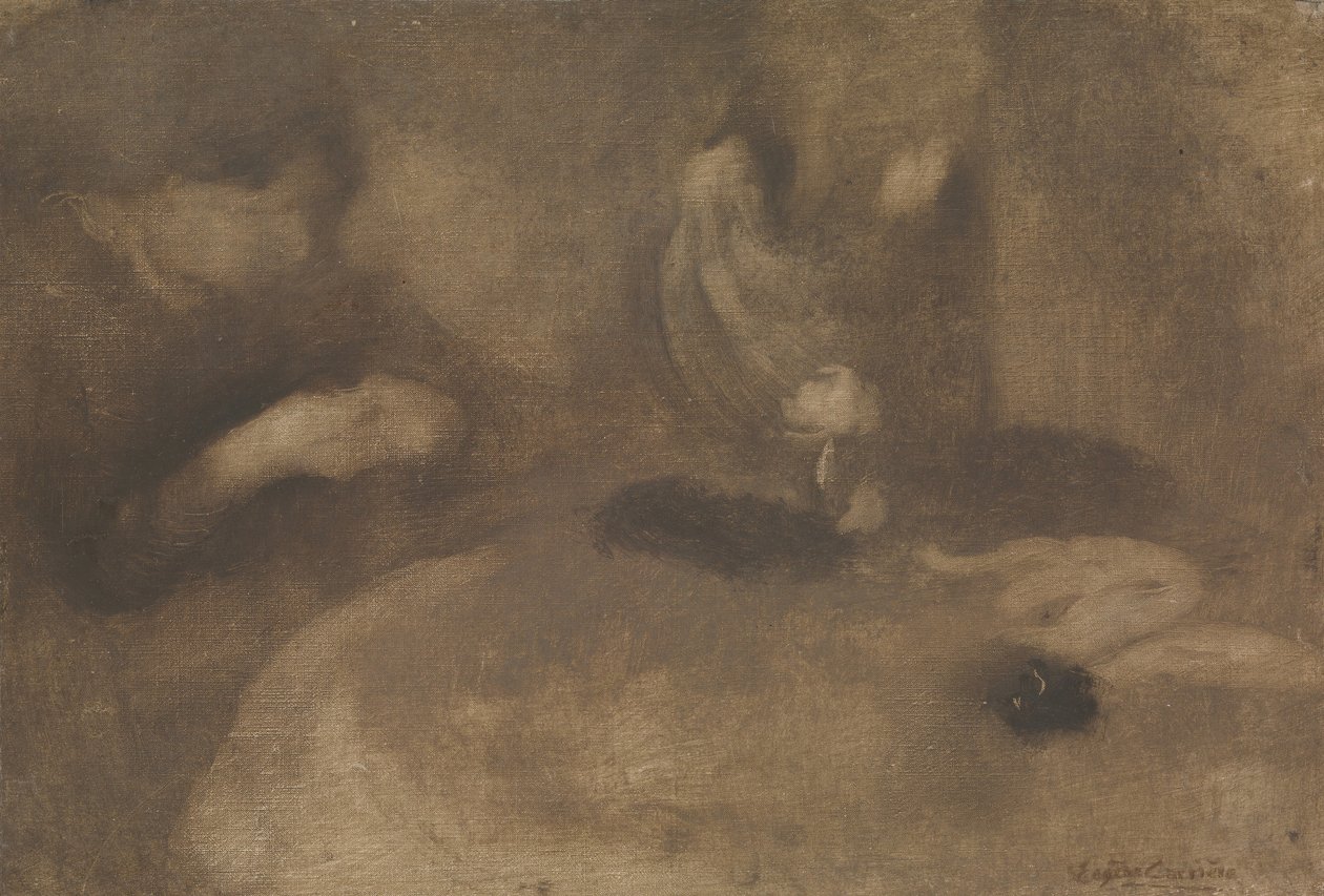 Naiset ompelemassa pöydässä, n. 1894-96. tekijältä Eugène Carrière